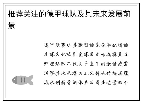 推荐关注的德甲球队及其未来发展前景